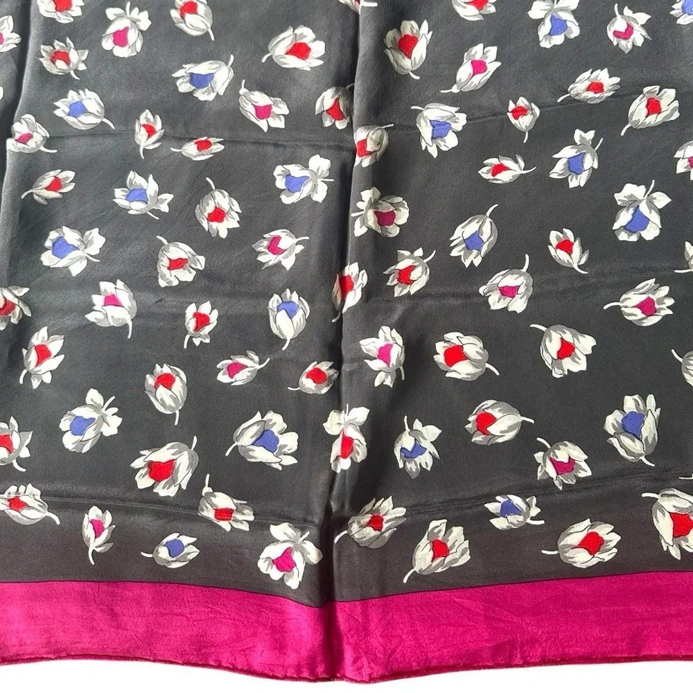 GIVENCHY 100% Silk Gorgeous Black Floral and Hot Pink Border 29” Scarf